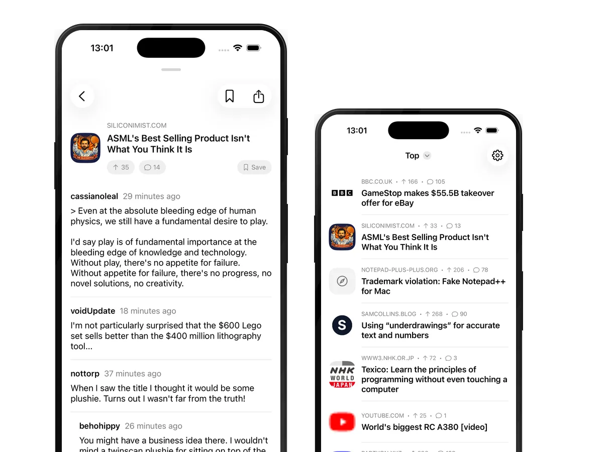 Hackers app screens showing threaded comments and the story list