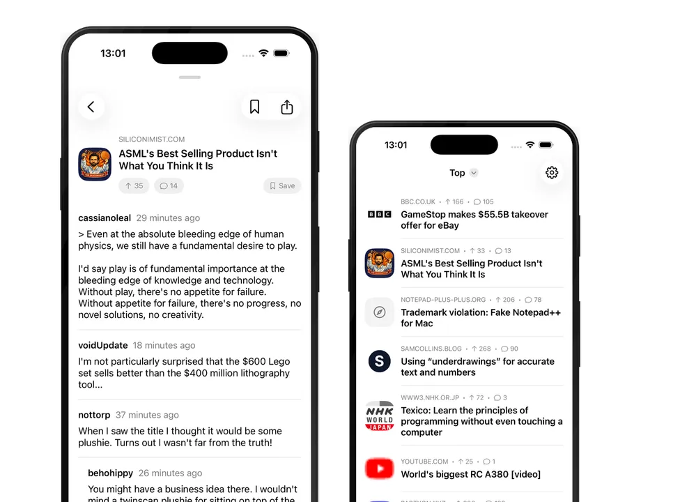 Hackers on iPhone, showing the story list and threaded comments
